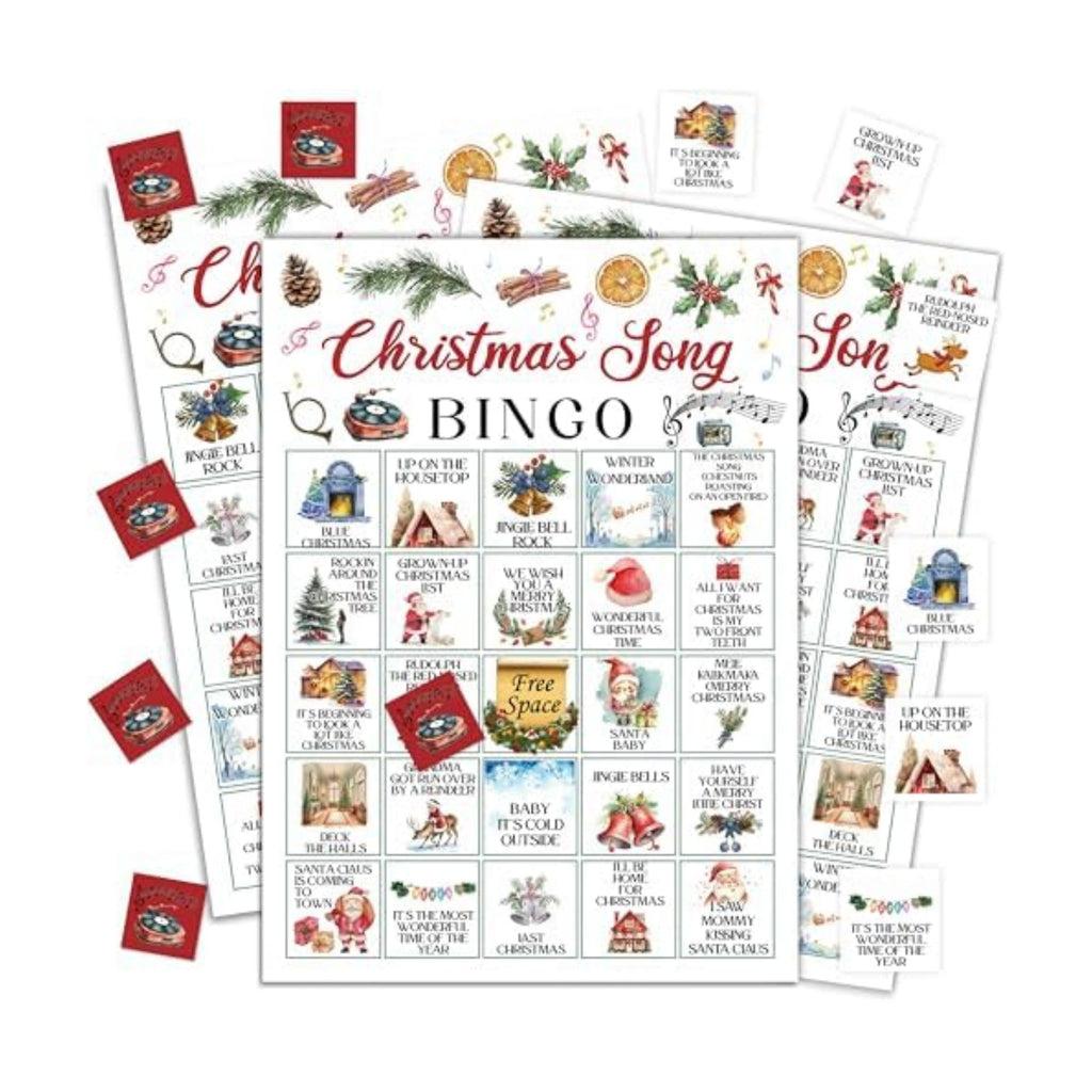 Christmas Bingo Game, Christmas Song Party Game Cards for Adults, 24 Players Winter Holiday Activities for Family Friends, Large Xmax Musical Party Party Supplies Favor Decor, (004)