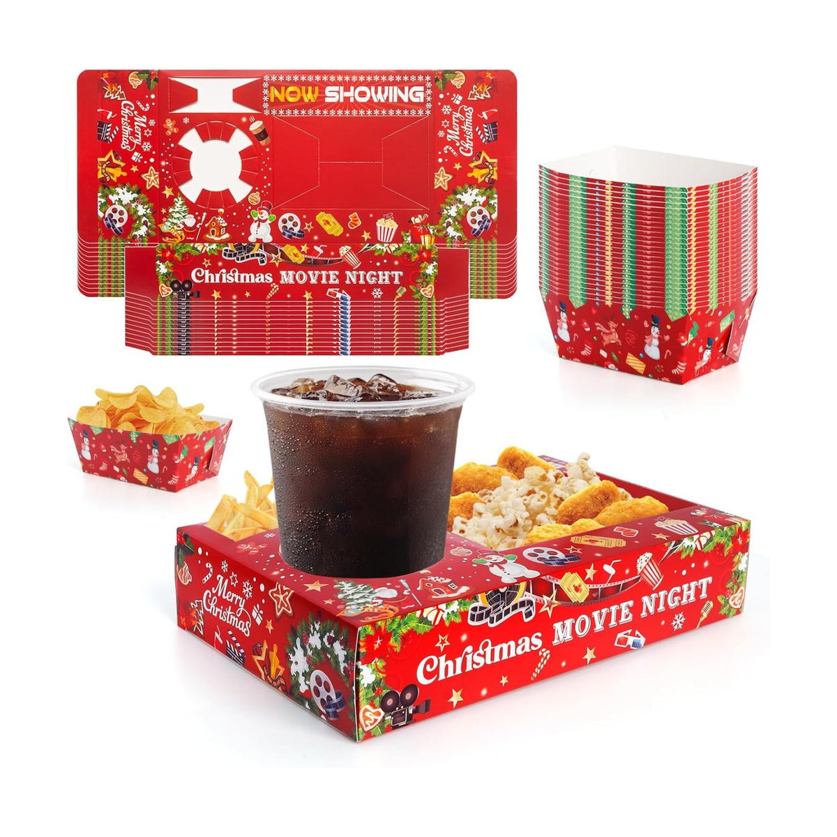 48 Pcs Christmas Party Supplies Movie Night Paper Snack Trays Xmas Party Decorations Christmas Birthday Favors Snowman Family Movie Popcorn&Drink&Candy Box