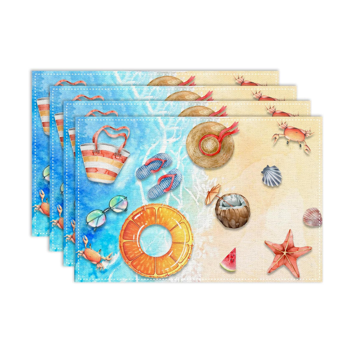 Summer Beach Placemats Set of 4, 12x18 Inch Seasonal Summer Coastal Wave Tropical Floral Starfish Seashell Ocean Theme Holiday Coffee Table Mats for Party Kitchen Dining Decoration
