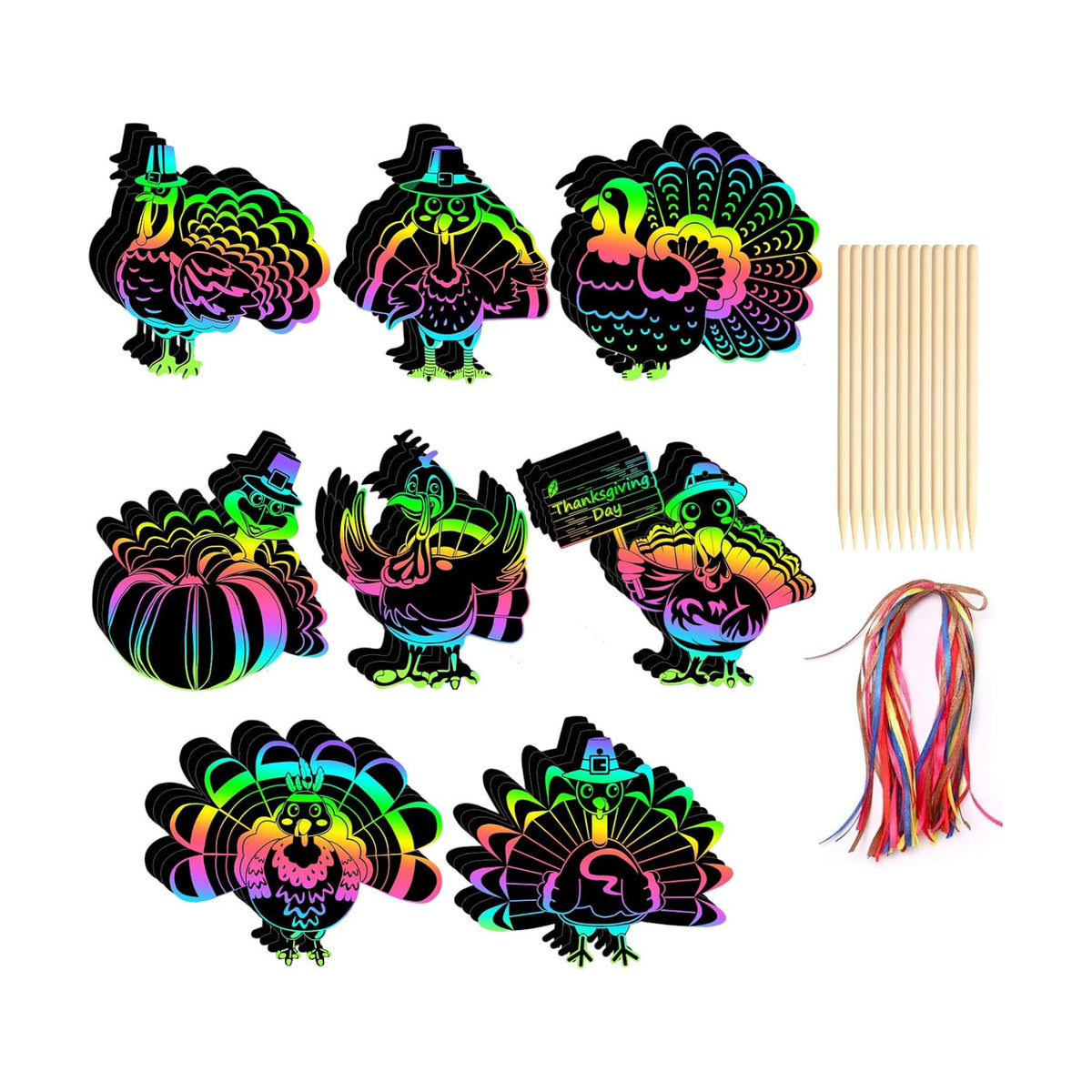 AUGSUN 96Pcs Turkey Scratch Art Paper Thanksgiving Fall Crafts for Kids