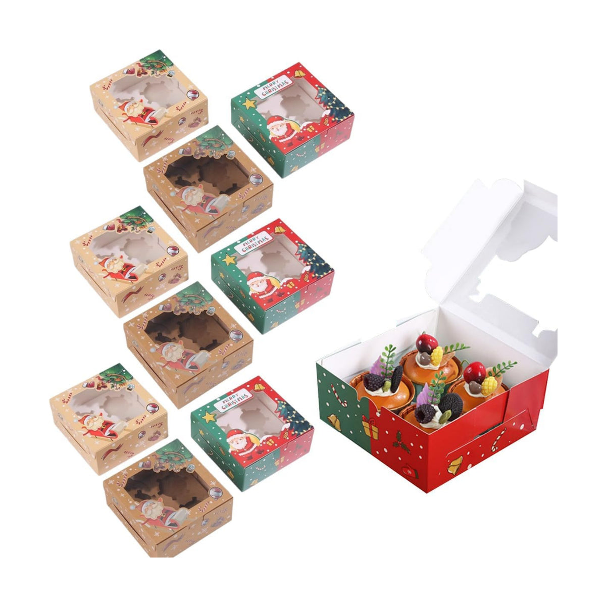 18 Pack Christmas Cupcake Boxes Festive Adorable Holiday Design Bakery Treat Packaging for Gift Giving Parties Desserts Muffins Pastries Tarts Convenient 4 Count Sweet Treat Container