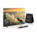 Ocean Hardcover Funeral Guest Book - 9.5 x 7 Celebration of Life Guestbook for Memorial Service with 5x7 Paper Sign, Pen, Black Photo Corner Stickers