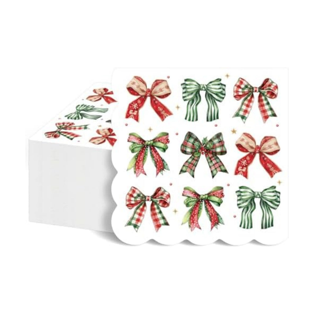 NatNarr 100 Pcs Christmas Paper Napkins, Cute Scalloped Christmas Bow Cocktail Napkins Disposable Xmas Beverage Dessert Napkin for Holiday, Winter, 5X5 Inch