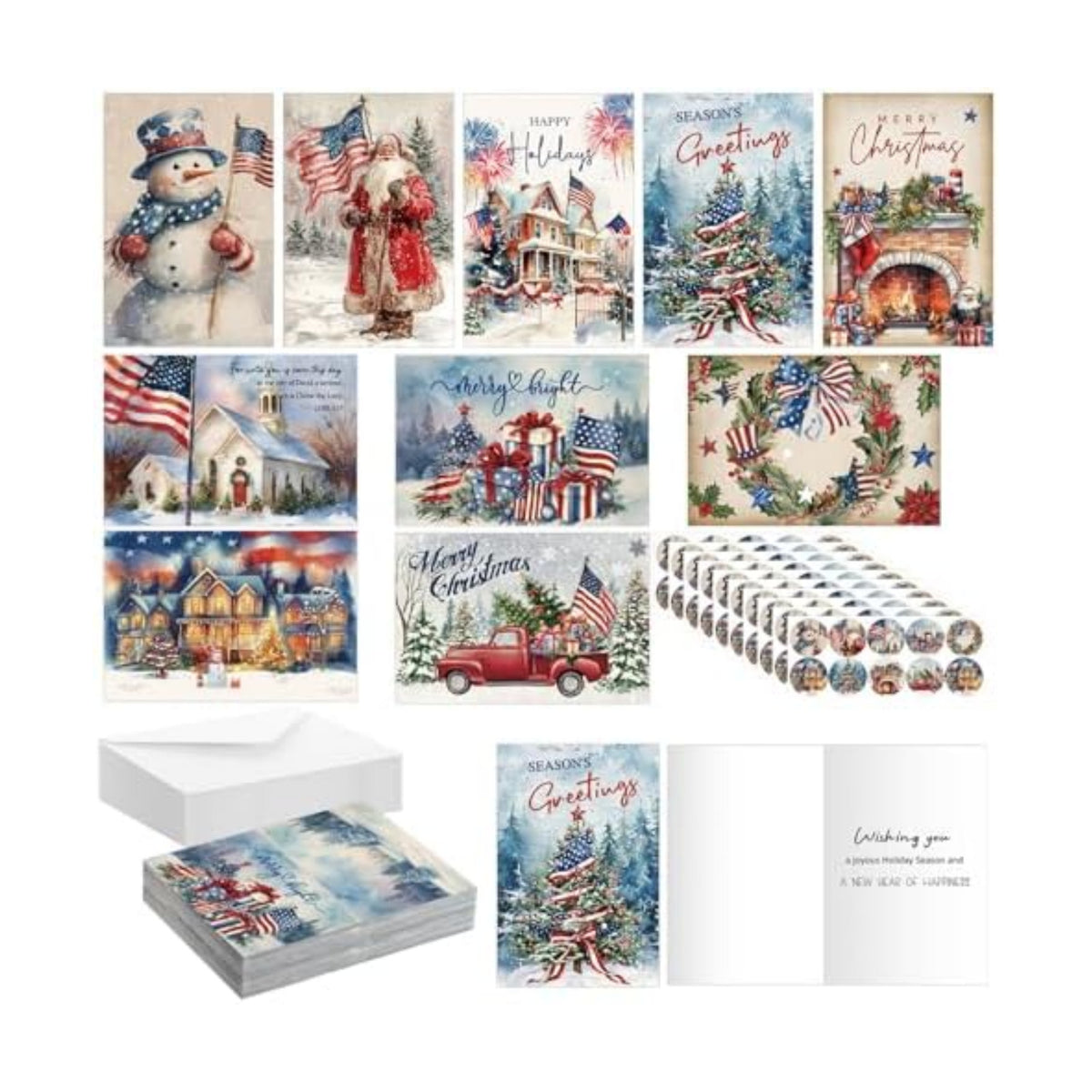 Motiskyy 50 Pcs Patriotic Christmas Cards American Flag Christmas Card Bulk