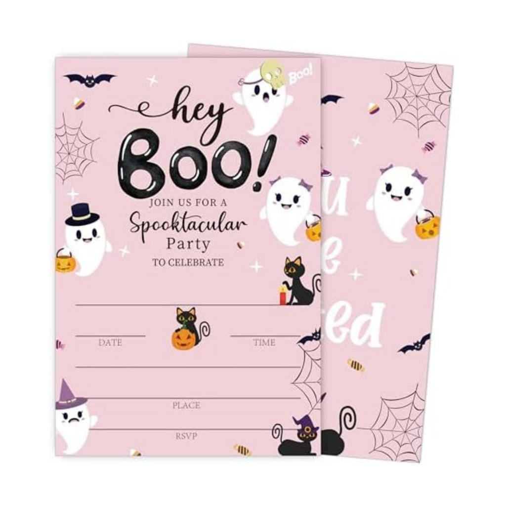 SIXEIGHT Pink Hey Boo Halloween Party Invitations, Cute Ghost Cat Halloween Invitations for Boys Girls, 25 Pack Pink Invite Cards with Envelopes, Wedding Birthday Baby Shower Party Decorations-E05