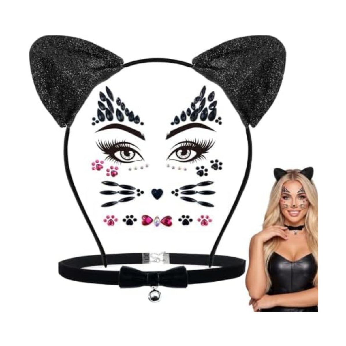 Black Cat Ears Headband, Bell Choker & Face Stickers - Black Cat Costume Outfit Woman Adult Women, Halloween Dress Up & Cosplay Party Accessories
