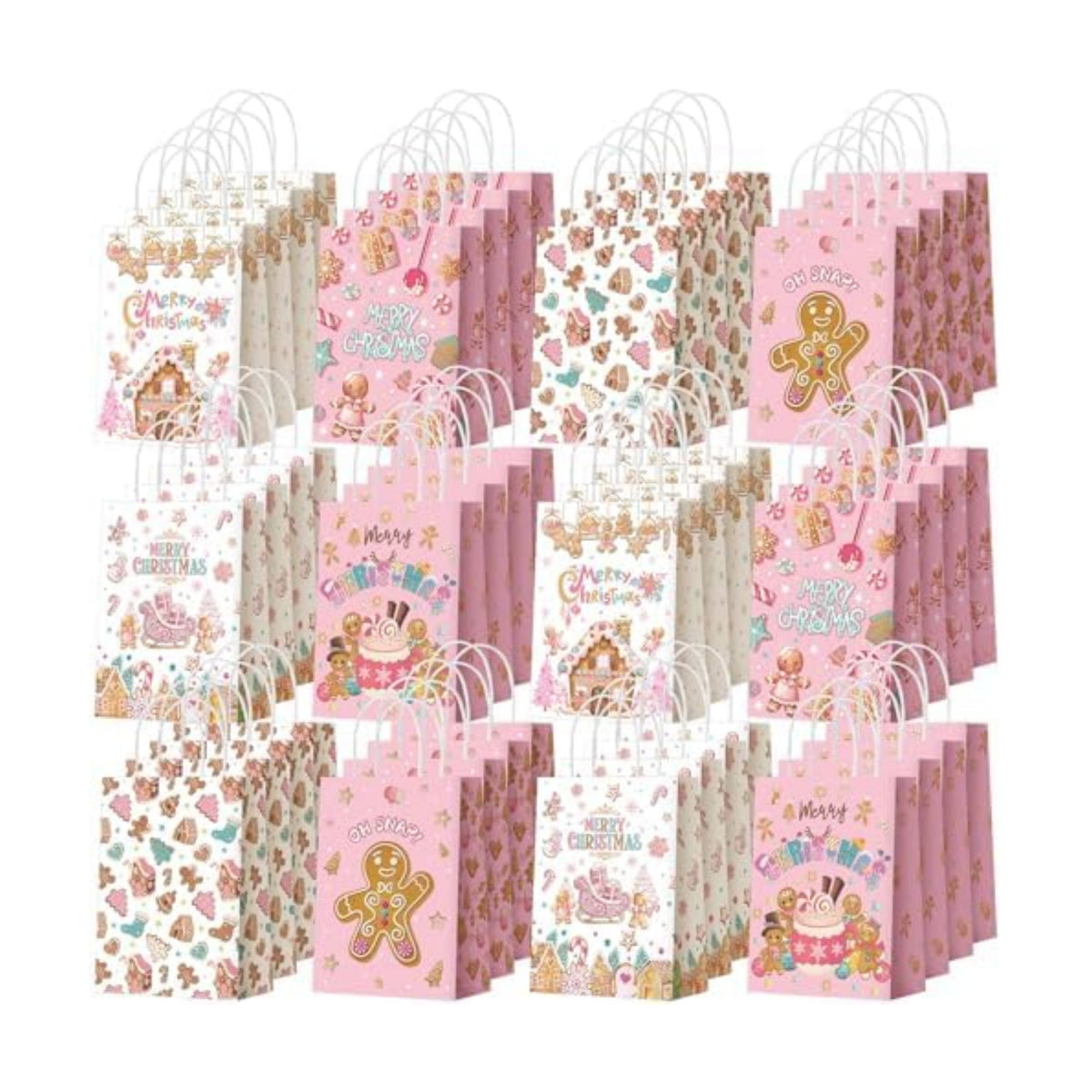 Kolldenn 48 Pcs Pink Christmas Gingerbread Party Favors Bags with Handles