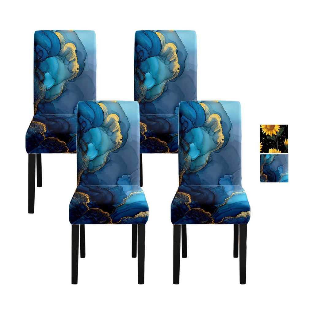 Blue Marble Chair Covers Set of 4, Stretchable Dining Chair Slipcovers with Elegant Blue & Gold Abstract Design, Washable Chair Protectors for Dining Room, Kitchen & Event Décor