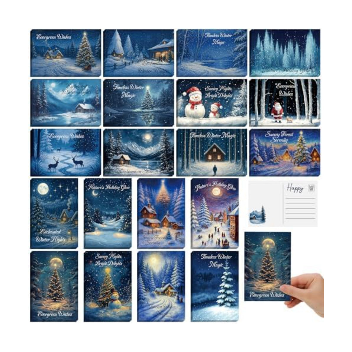 Nuanchu 80 Pcs Winter Forest Holiday Cards Bulk 4 x 6 Inch Christmas Tree Postcard Moonlight Silent Night Snow Scene Xmas Blank Holiday Cards for Friends Relatives Family, 20 Designs