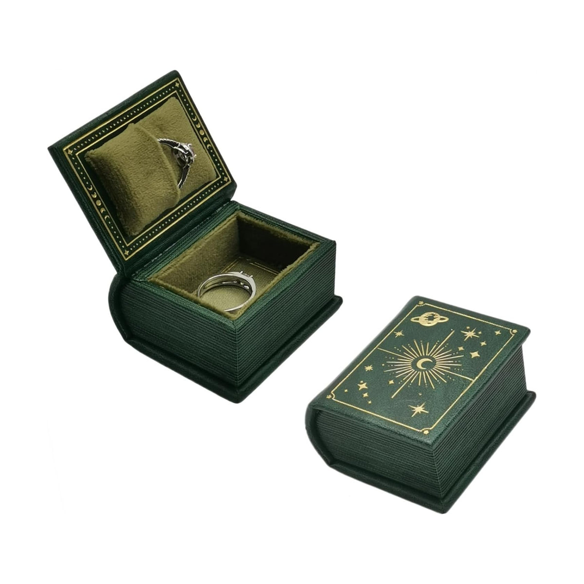 Book Shaped Ring Box - Vintage Engagement Ring Box with Hinged Lid for Proposal Engagement Wedding, Proposal Ring Case with Magnetic Closure-PRB011-Green