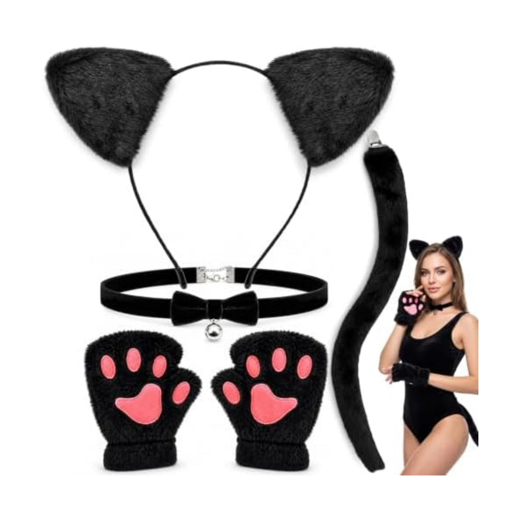 H-Style Cat Costume for Women - Black Cat Ears Headband Woman, Tail, Bell Choker & Gloves - 4 Pack, Halloween Cosplay Costume Outfit Accessories for Adult