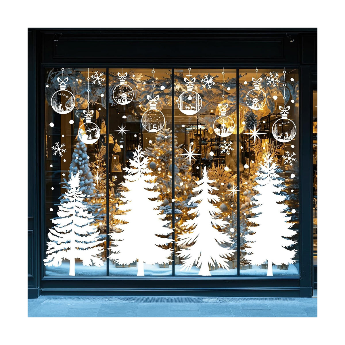JarThenaAMCS 13.8 * 35.4'' Extra Large Winter Christmas Window Clings 4 Sheets White Xmas Tree Ball Window Stickers Double-Sided Glass Decals for Home Classroom Office Party Decoration