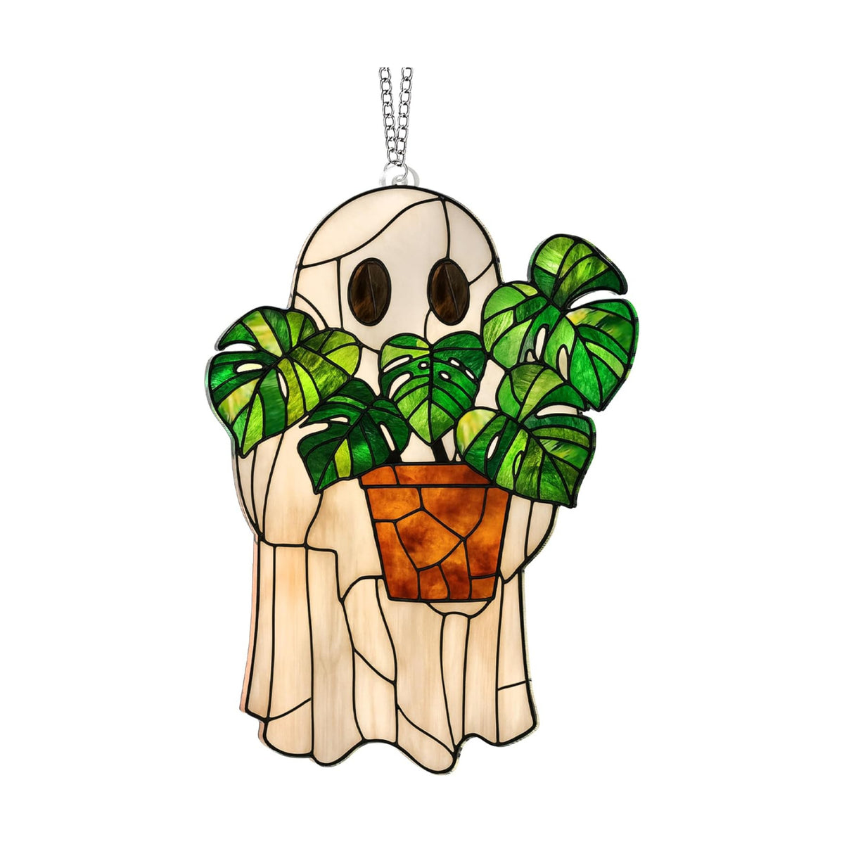 Halloween Stained Glass Ghost Plant Ornament, Suncatcher Decor