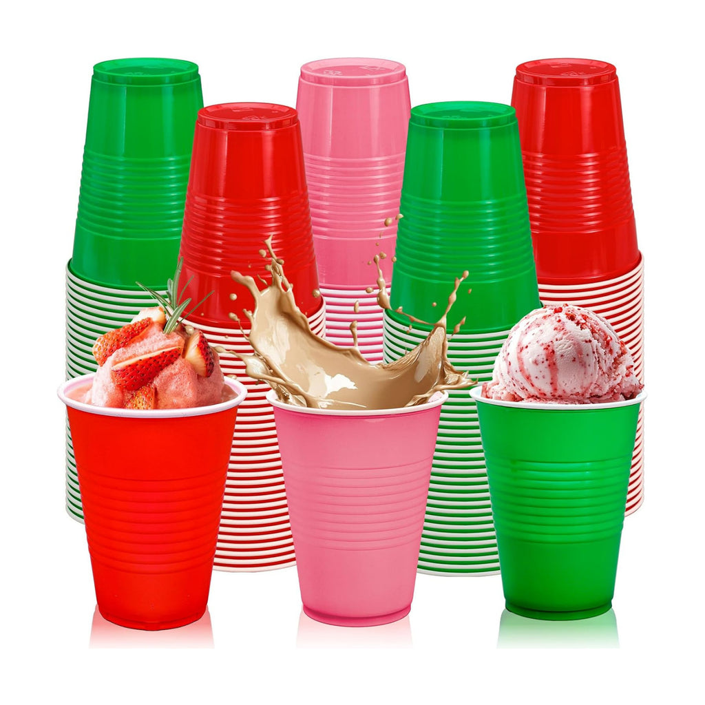 JarThenaAMCS 150Pcs Christmas Plastic Cups 16Oz Red Pink Green Disposable Drinking Cup Stackable Party Cups for Xmas Indoor Outdoor Event Supplies