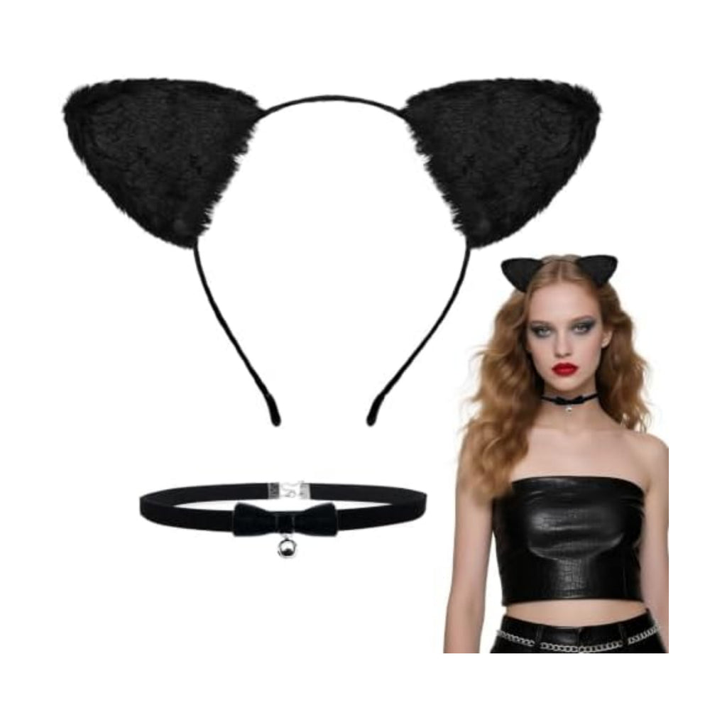 Voiiake Black Cat Ears Headband, Mask & Choker Set - Cat Costume Outfit Woman Adult Women, Halloween Costume Dress-Up Accessories for Party and Cosplay