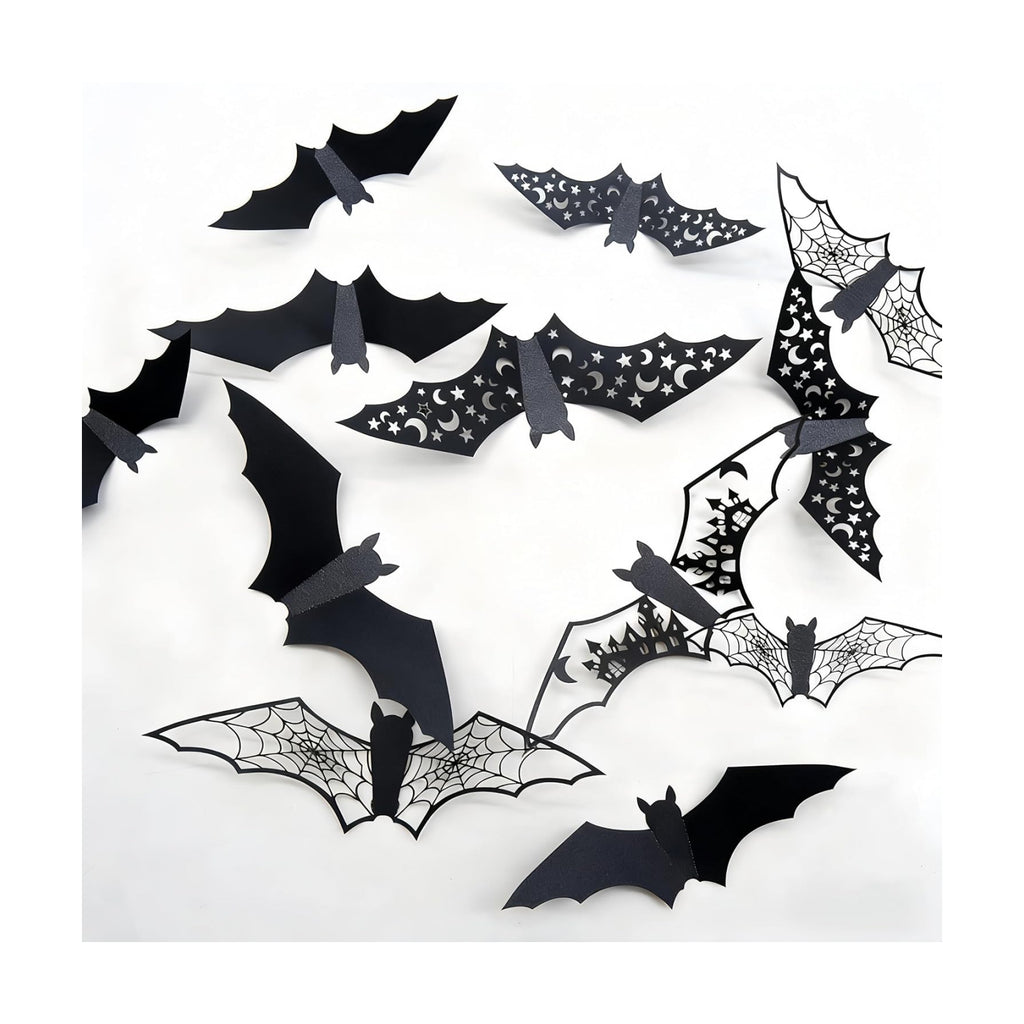 24Pcs Large Halloween Bats Wall Decorations Bats Wall Stickers 3D Self-Adhesive PVC Bats Wall Decals Removable Hollow Bats Window Stickers Walls Clings Decorations for Halloween Party Indoor Supplies