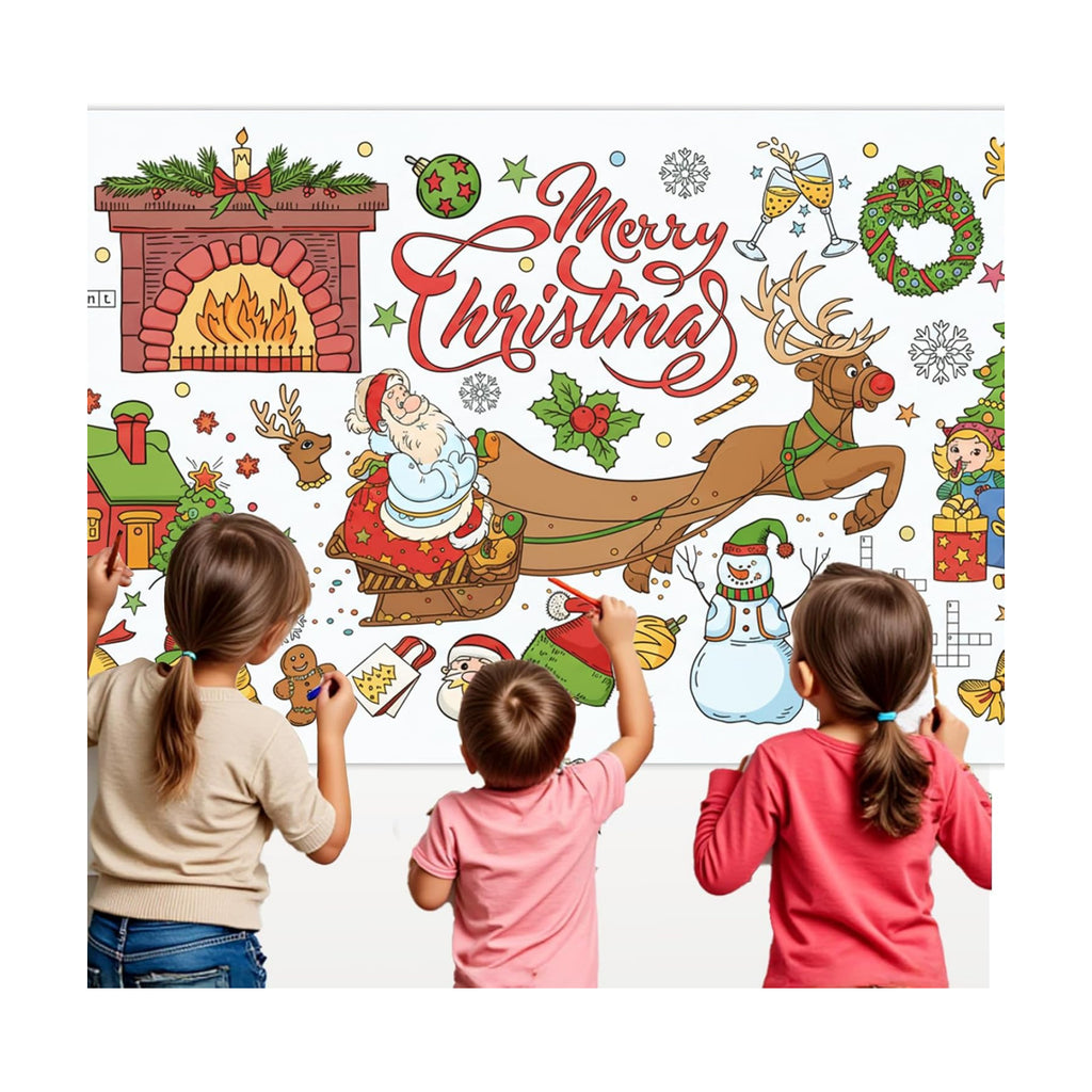 Christmas Coloring Tablecloth 31×72 Inch, Large Table Cover with Santa Claus, Reindeer, Paper Drawing Poster with Christmas Tree, Snowflakes and Gift Designs, Holiday Party Activity and Crafts