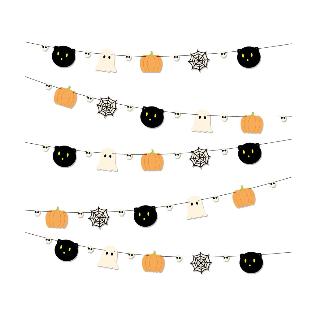 2pcs Halloween Party Banner, 9.84ft Pre-Strung Pumpkin Ghost Spiderweb Skull Black Cat Banner Hanging Summerween Garland Sign for Fall Halloween Boo Birthday Party Decorations