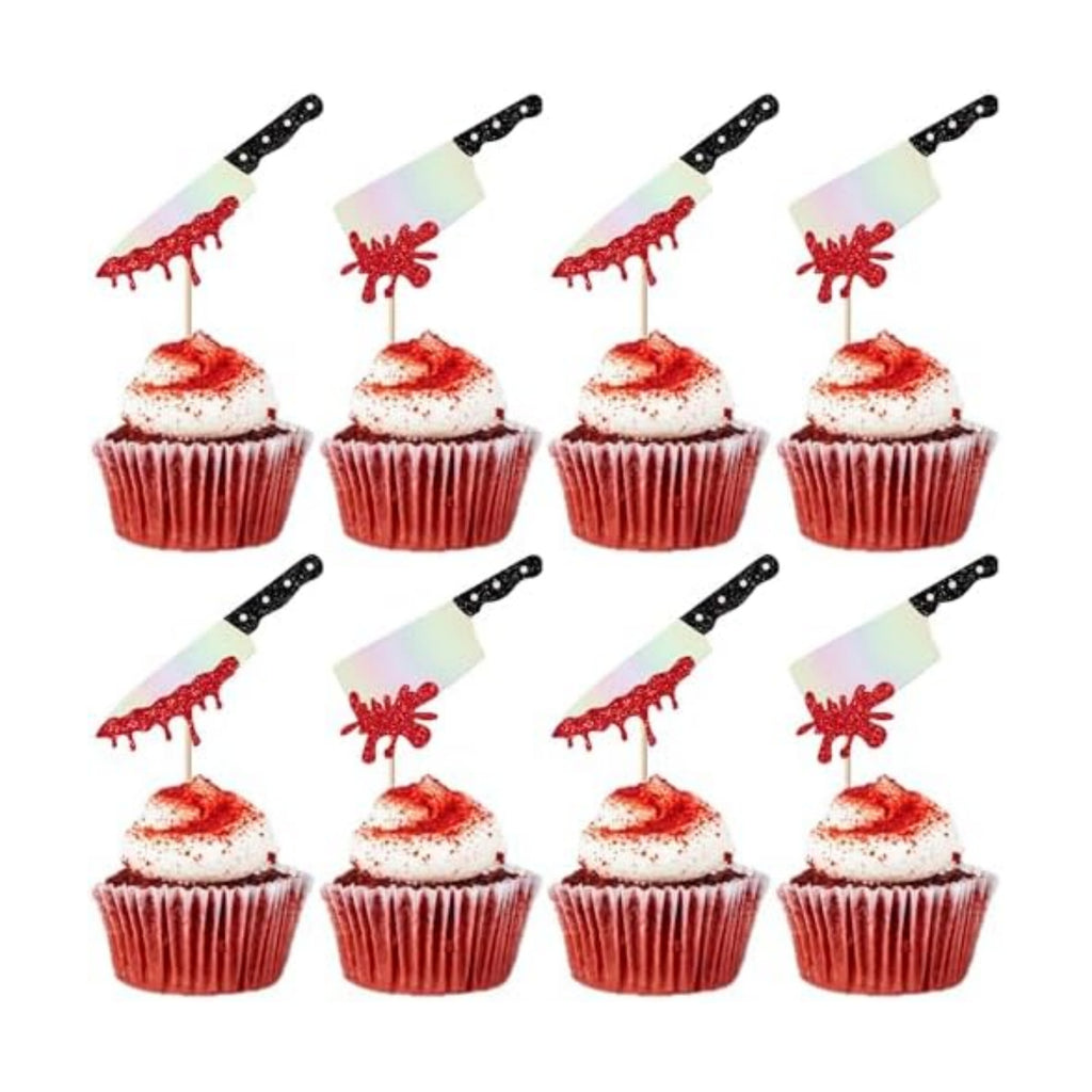 Rsstarxi 24 Pack Halloween Knife Cupcake Toppers Blood Knife Have a Killer Birthday Cupcake Picks Decorations for Horror Theme Birthday Halloween Party Cake Decorations