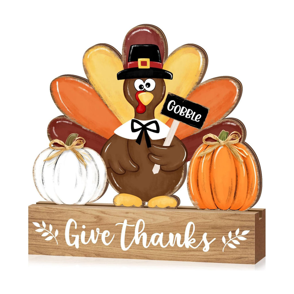 Thanksgiving Turkey Wooden Table Sign Decorations, Give Thanks Turkey Pumpkin with Raffia Bow Rustic, Autumn Harvest Fall Tiered Tray Centerpieces Tabletop Farmhouse Home Decor Gobble