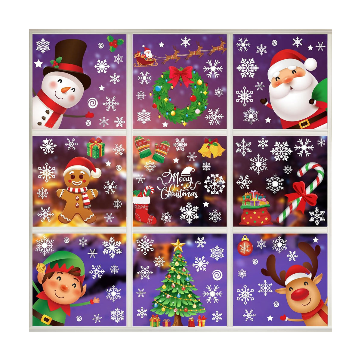 144 PCS Christmas Window Clings, Snowflake Window Clings for Stickers for Glass, Christmas Decorations Decals for Snowman Santa Claus Tree Reindeer Elf Winter Party Accessories Supplies Decor