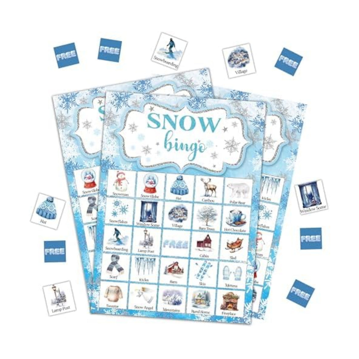 Snow Bingo Game, Christmas Party Games for Adults, Xmas Snowman Bingo Game Cards for Large Group Family Friends Activities, Winter Holiday Party Decor Supplies, 08