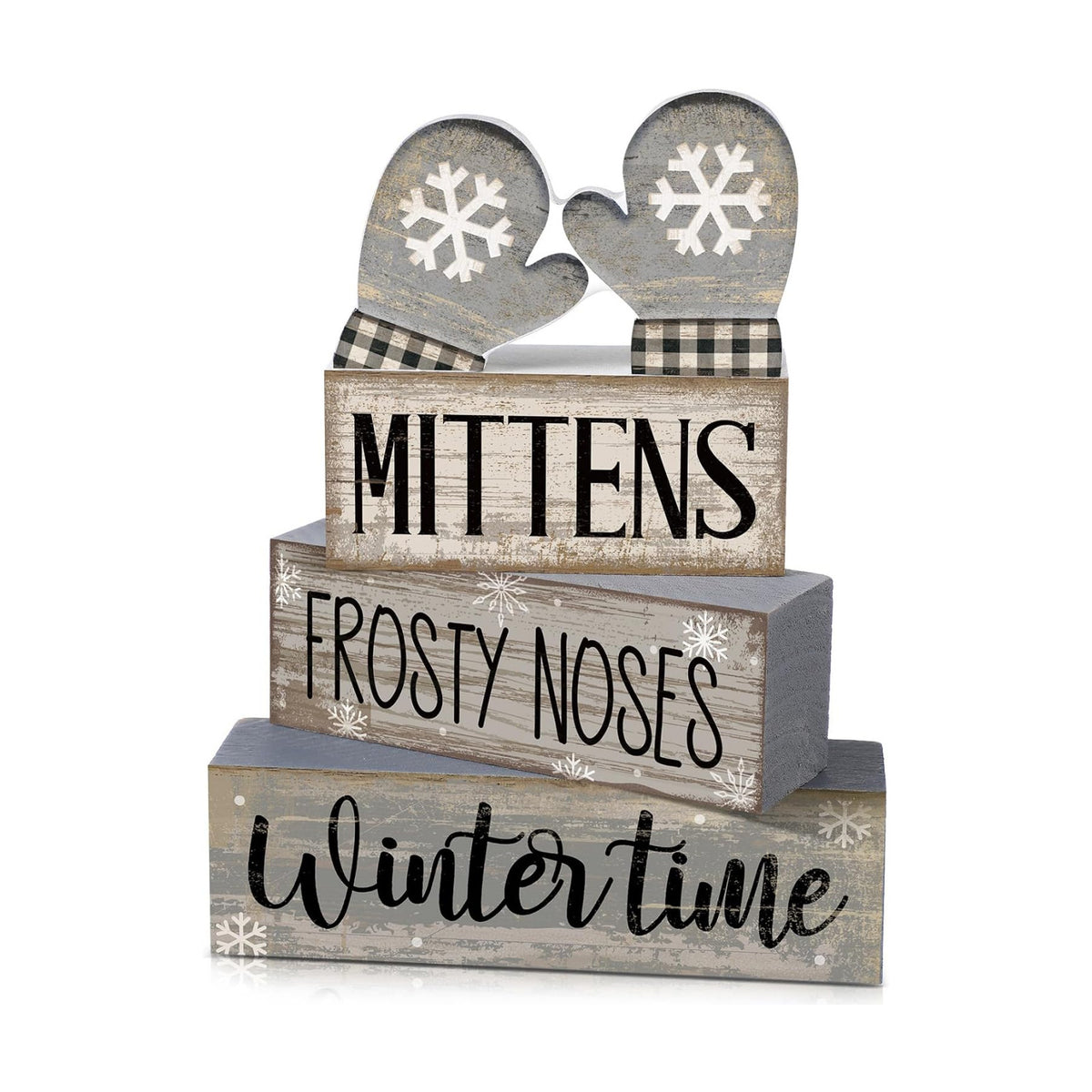 Lineshading 4 Pcs Winter Table Decorations Wooden Mittens Decor Winter Tiered Tray Decor Rustic Snowflake Mittens Block Signs Gift Farmhouse Christmas Centerpiece for Wonderland Party Kitchen Home