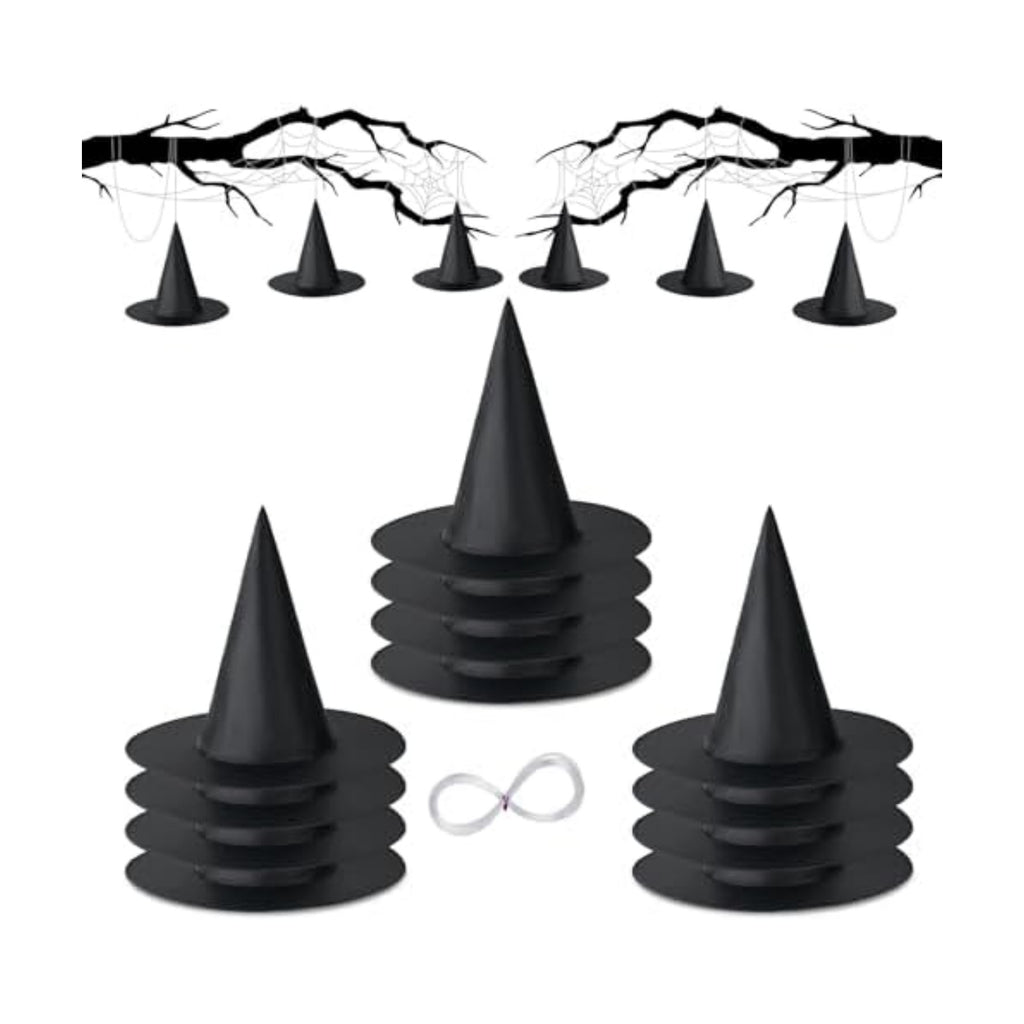 12 PCS Halloween Witch Hat, Black Hanging Witch Hat Costume Accessories Thickened Hanging Wizard Hats Bulk with 109 FT Rope Floating Porch Indoor Outdoor Home Yard Party Supplies