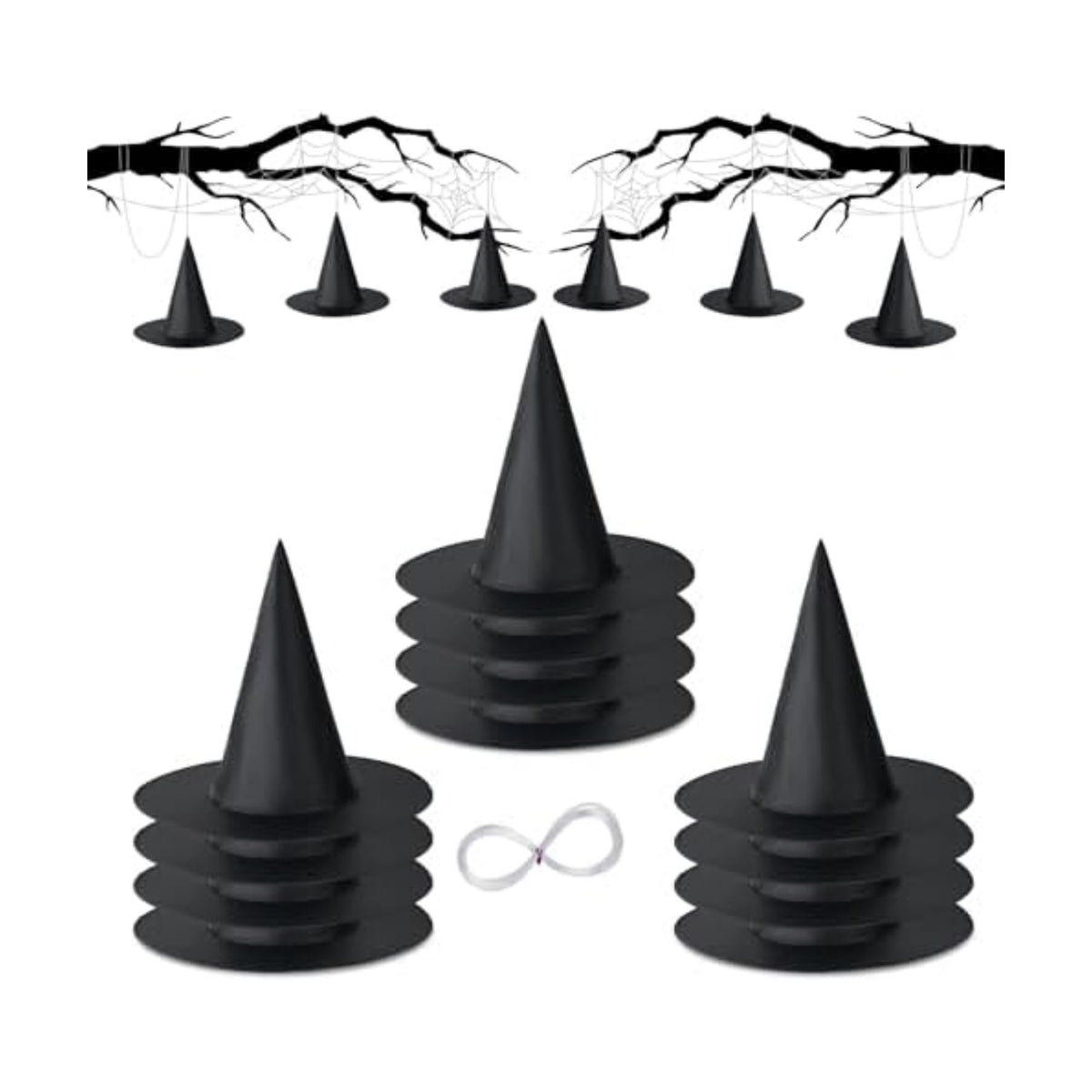12 PCS Halloween Witch Hat, Black Hanging Witch Hat Costume Accessories Thickened Hanging Wizard Hats Bulk with 109 FT Rope Floating Porch Indoor Outdoor Home Yard Party Supplies