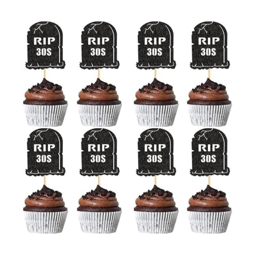 Ercadio 24Pcs Glitter Black Rip 30s Cupcake Topper Tombstone Cupcake Picks for Funeral 40th Birthday Anniversary Cupcake Decorations Rip to My Youth Emo Party Decorations