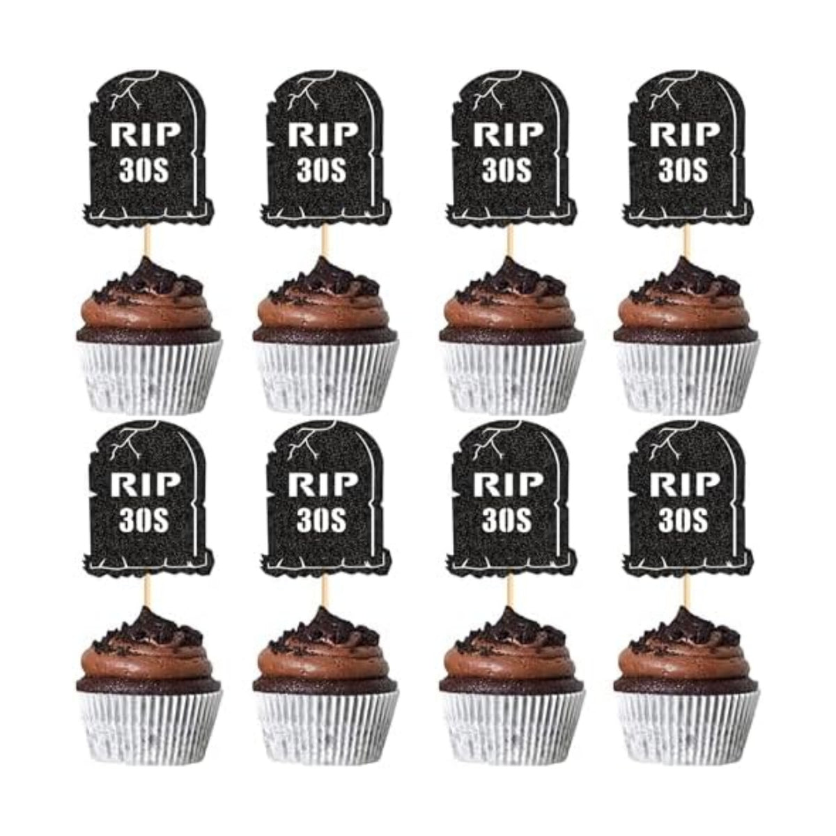 Ercadio 24Pcs Glitter Black Rip 30s Cupcake Topper Tombstone Cupcake Picks for Funeral 40th Birthday Anniversary Cupcake Decorations Rip to My Youth Emo Party Decorations