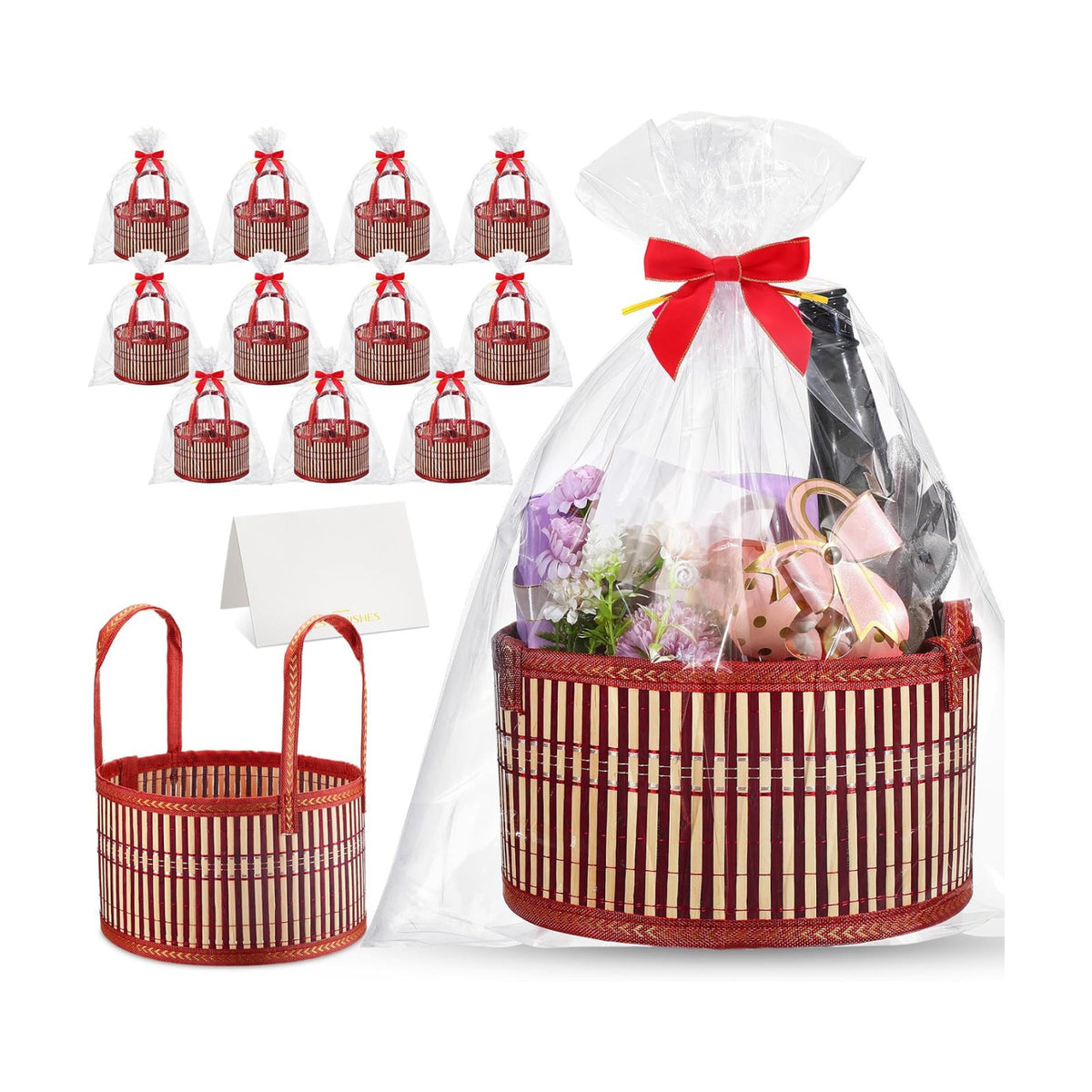 Weysat 12 Set Baskets for Gifts Empty Bulk, Large Woven Bamboo Gift Basket Kit with Handles, Bow, Wrap Bag to Fill for Raffle Thanksgiving Day Wedding Birthdays Party Wrapping (Red)