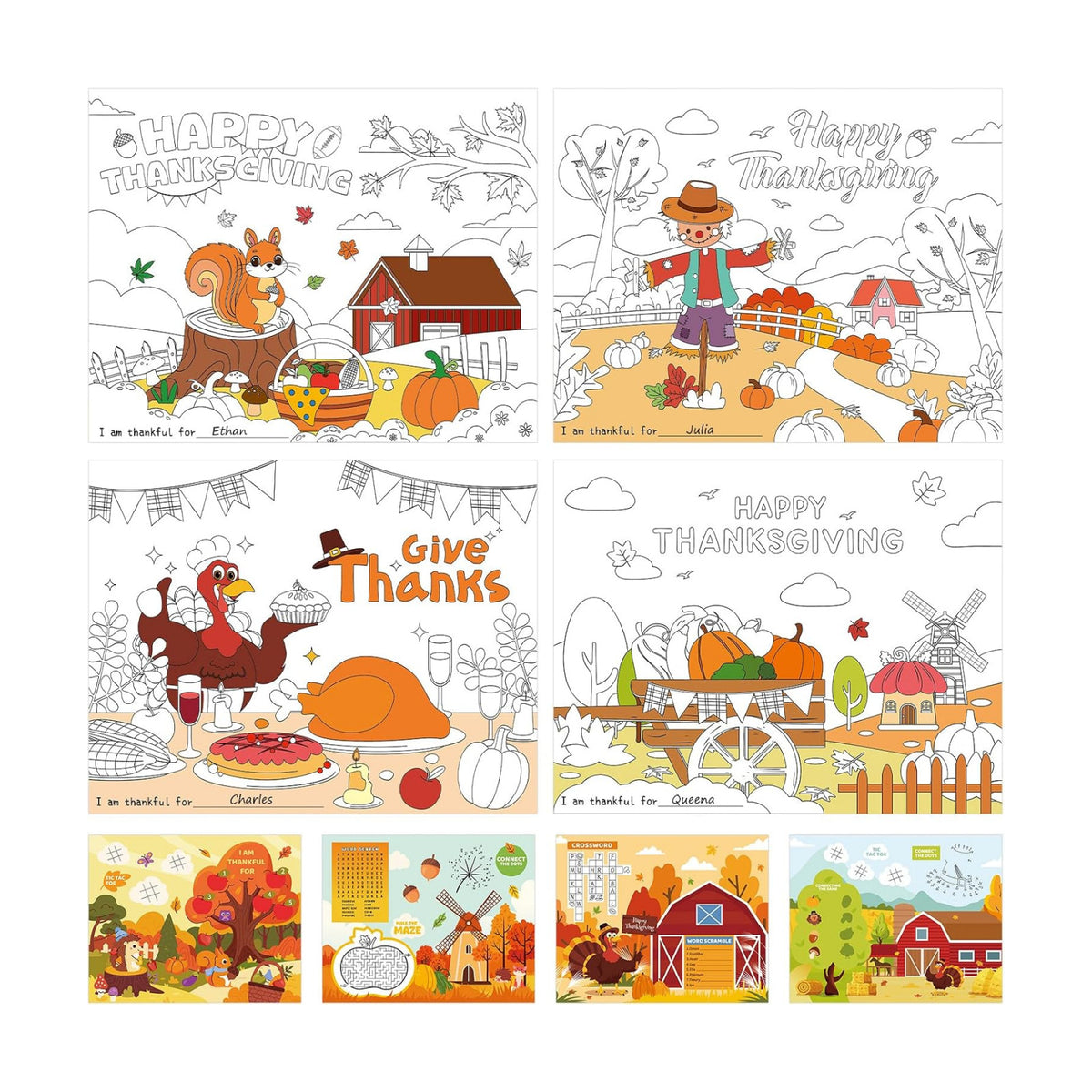 16PCS Thanksgiving Coloring Placemats, Large Kids Paper Thanksgiving DIY Placemats for Classroom Crafts Activity Party Supplies (Classic)