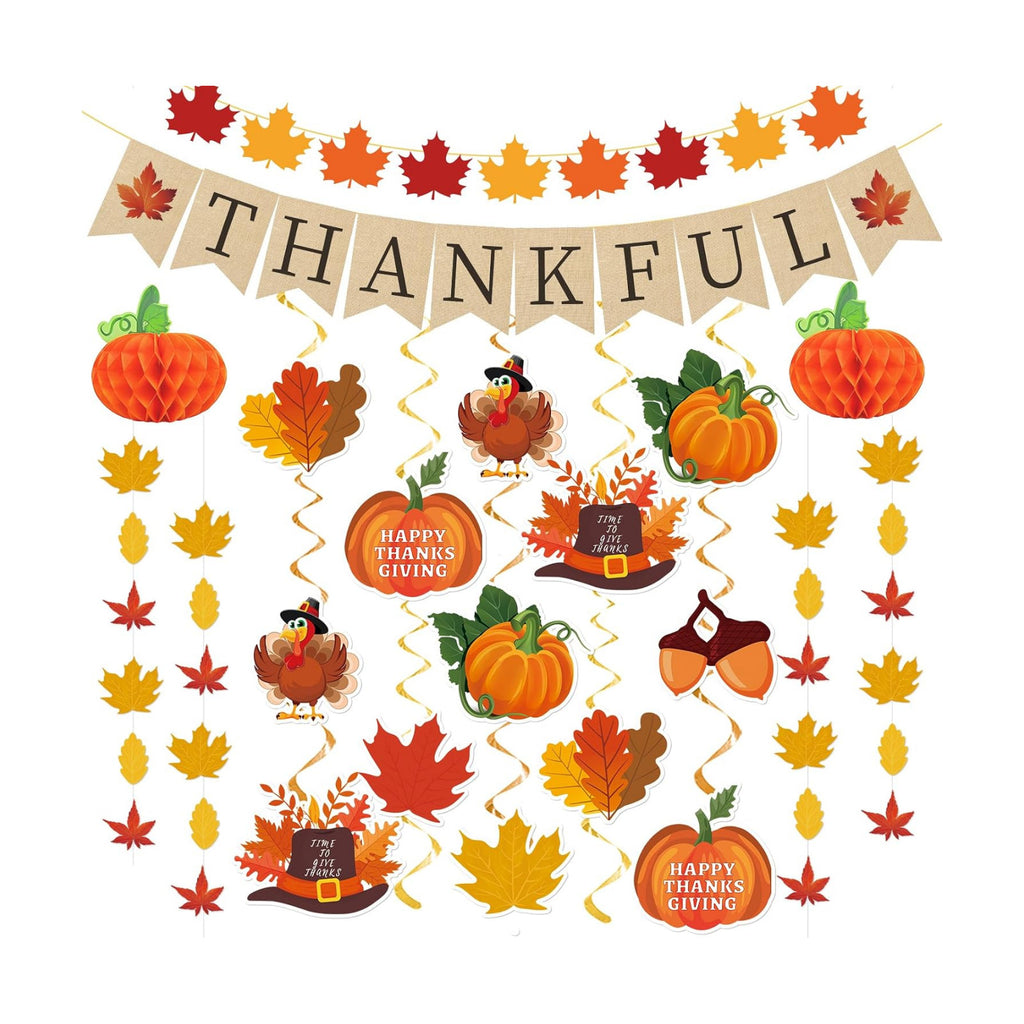 40Pcs Thanksgiving Decorations, Pre-Assembled Thanksgiving Banner & Garland, Hanging Swirls Decorations for Home Office Classroom Indoor Decor