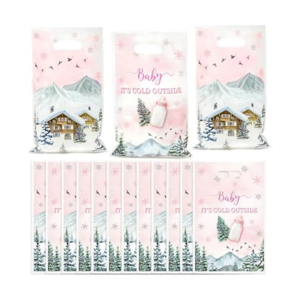 Haooryx Winter Camp Gift Bag - 50Pcs Pink Winter Wonderland Snowflake Adventure Plastic Pack Happy New Year Holiday Gift Wrap Presents Party Favor Goodie Bags Handles Bulk Gifts Wrapping Reusable Tote