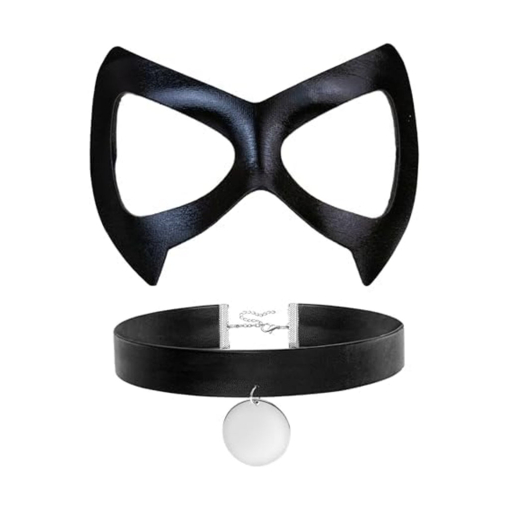 Merroyal Black Cat Eye Half Mask with Choker Set, Halloween Masquerade Costume Accessories, Party Cosplay Dress Up