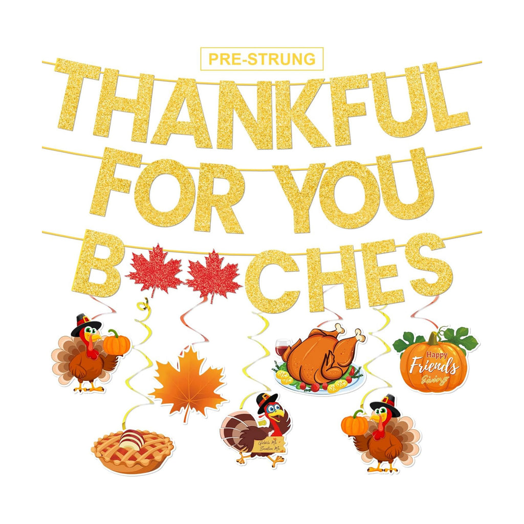 Pre-Assembled Girly Friendsgiving Party Decorations with Hanging Swirls, Gold Glitter Thanksgiving Banner for Friendsgiving Party Decorations Indoor Home Office