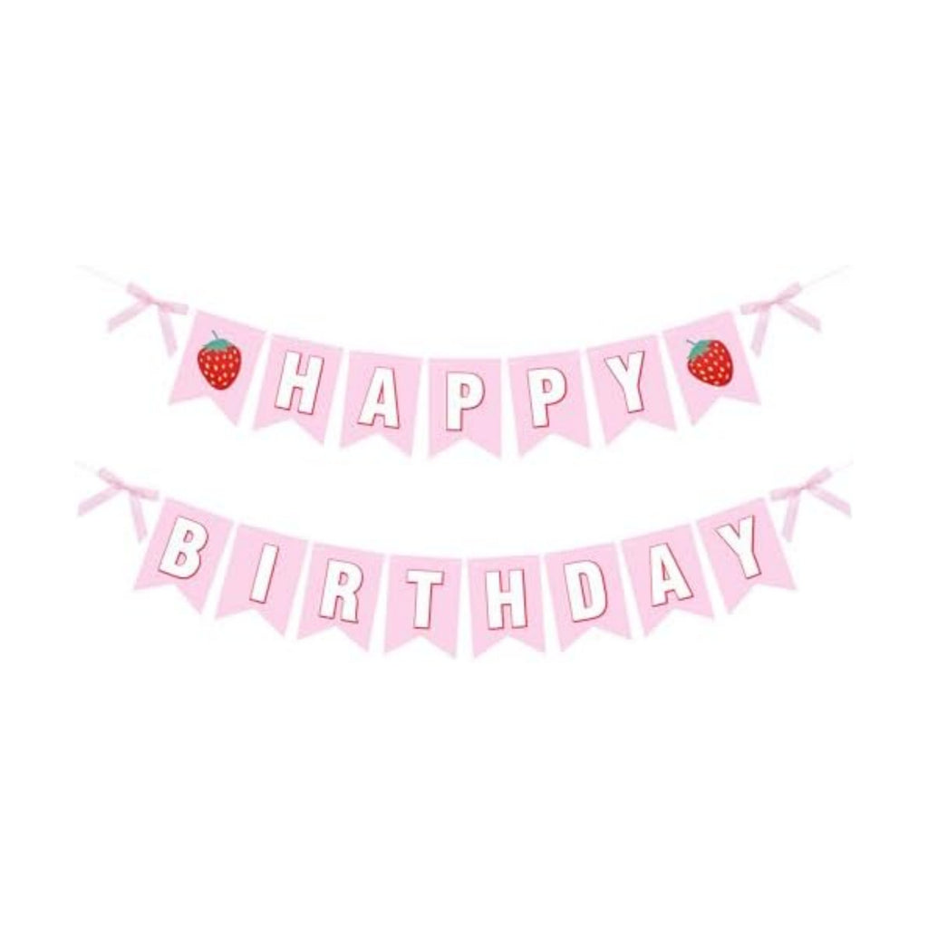 Strawberry Happy Birthday Banner Decorations, Pre-Strung Letter Garland with Berry Accents for Girls Birthday Party, Baby Shower, Indoor Outdoor Wall Decor and Photo Backdrop, Pink