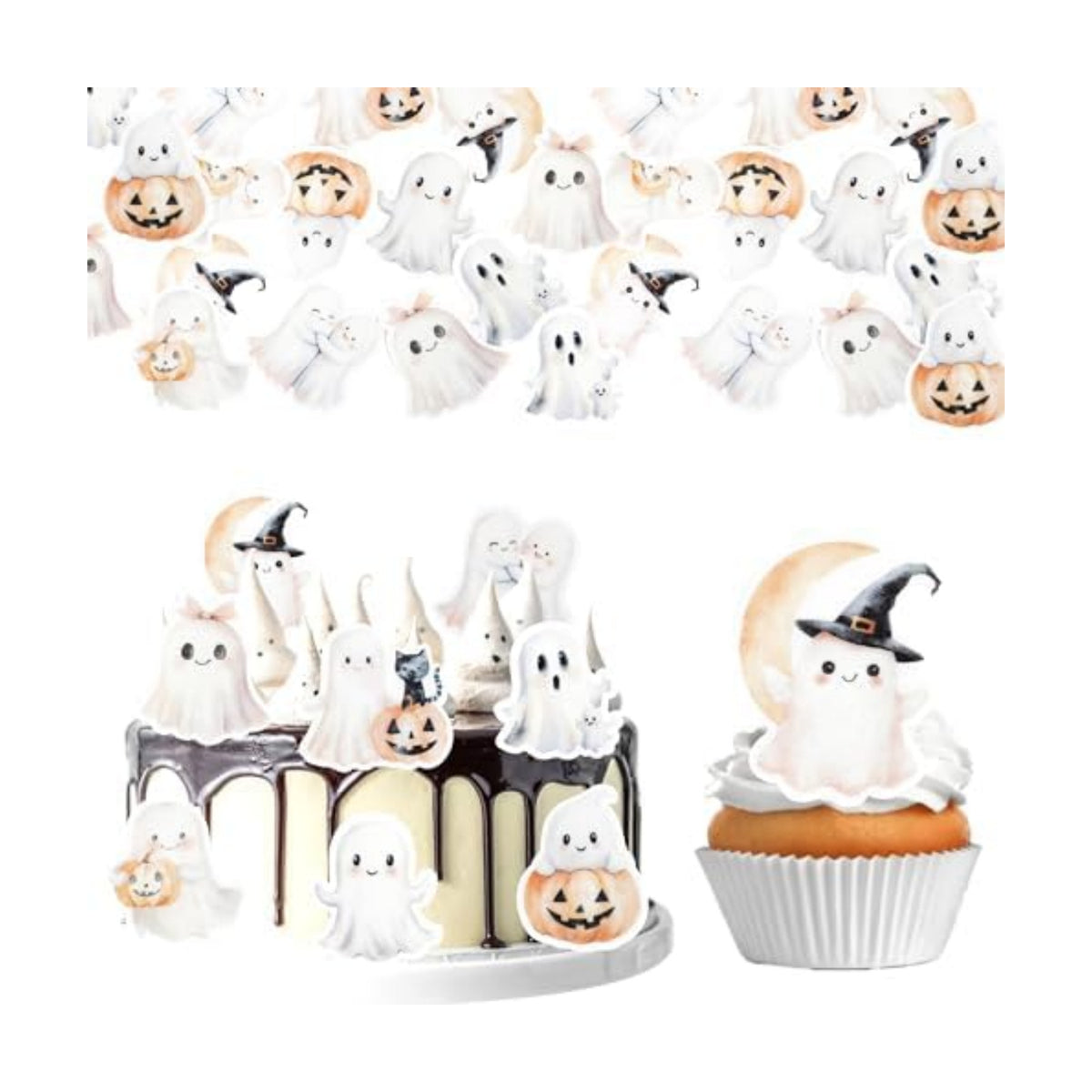 60 PCS Edible Halloween Cupcake Toppers Wafer Paper Spooky Cat Wizard Hat Pumpkin Cupcake Picks Edible Cat Ghost Cake Decorations for Baby Shower Birthday Halloween Party Cake Decorations Supplies