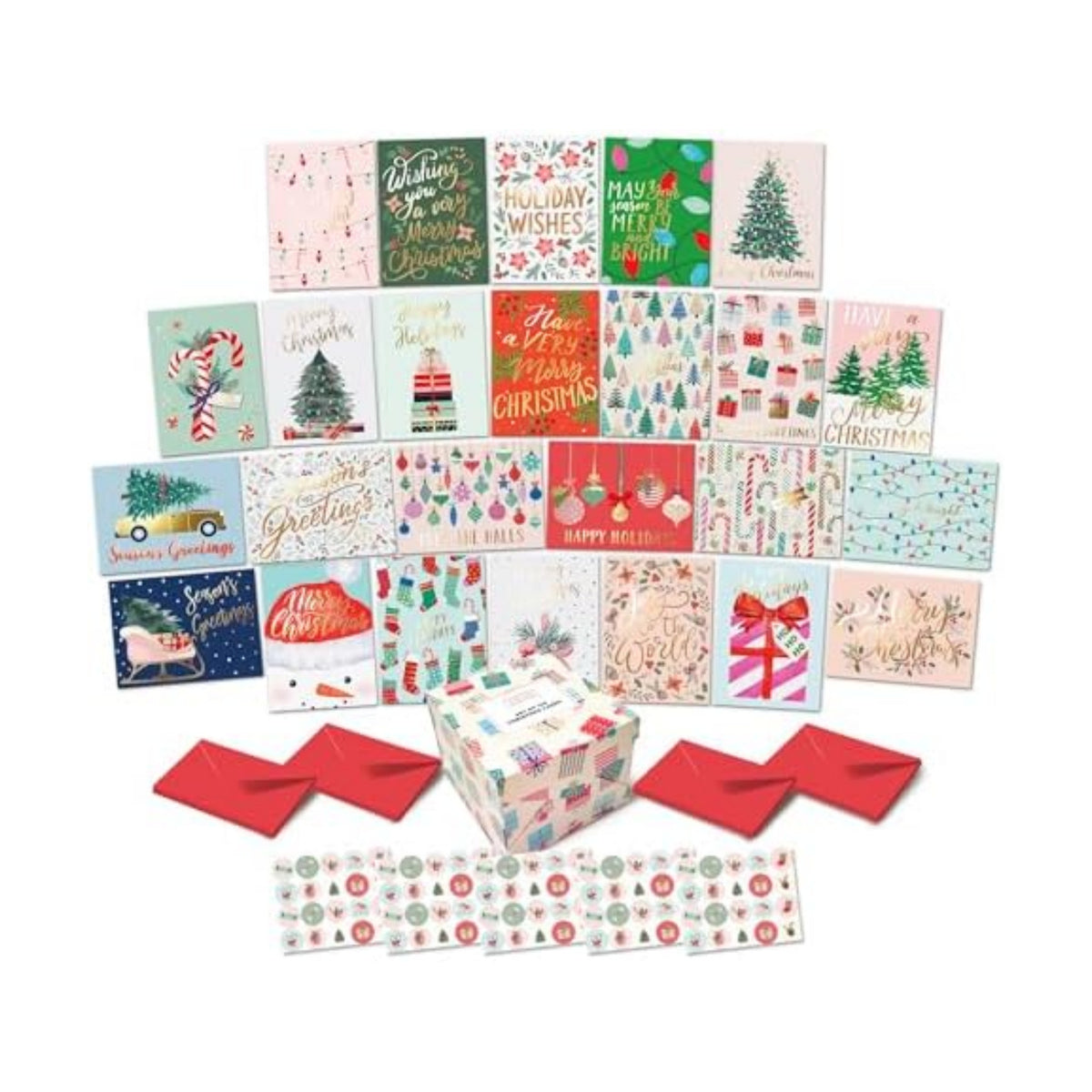 Sweetzer & Orange Boxed Christmas Cards Set – 100 Holiday Cards with Envelopes & Sealing Stickers – 25 Unique Designs with Gold Foil & Short Greetings – Bulk Assorted Christmas Greeting Cards