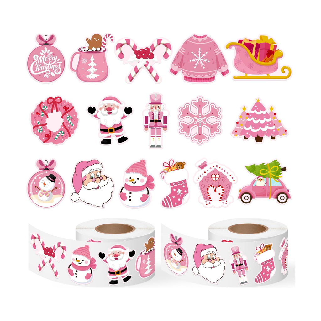 1000Pcs Pink Christmas Stickers Rolls Xmas Tree Santa Claus Nutcracker Snowman Self-Adhesive Decals Winter Wonderland Festive Holiday Party Favors DIY Crafts Gift Bottles Scrapbook Decor, 16 Designs