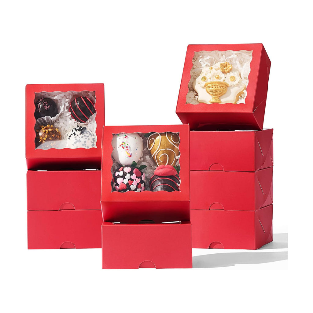 50 Pack 4x4x2 inches Red Bakery Boxes with Window - Macaron Cookie Chocolate Truffle Strawberry & Mini Cake Gift Boxes for Valentine's Parties Birthdays Wedding, Christmas Favors