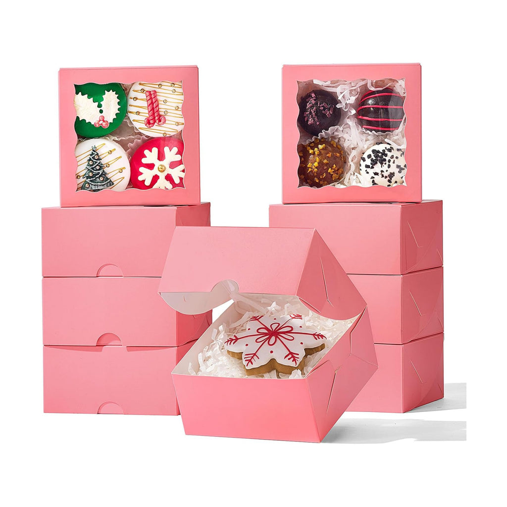 100 Pack 4x4x2 Inches Pink Bakery Boxes with Clear Window Perfect for Packaging Macaron Ores Chocolate Truffle Strawberry Cookie Donut Pie Treat Boxes for Wedding Valentine's Birthday