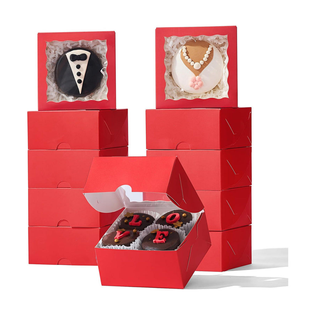 100PCS 4x4x2 inches Classic Red Bakery Boxes with Window - Macaron Cookie Chocolate Truffle Strawberry & Mini Cake Gift Boxes for Parties Valentine's Birthdays Wedding Christmas Favors