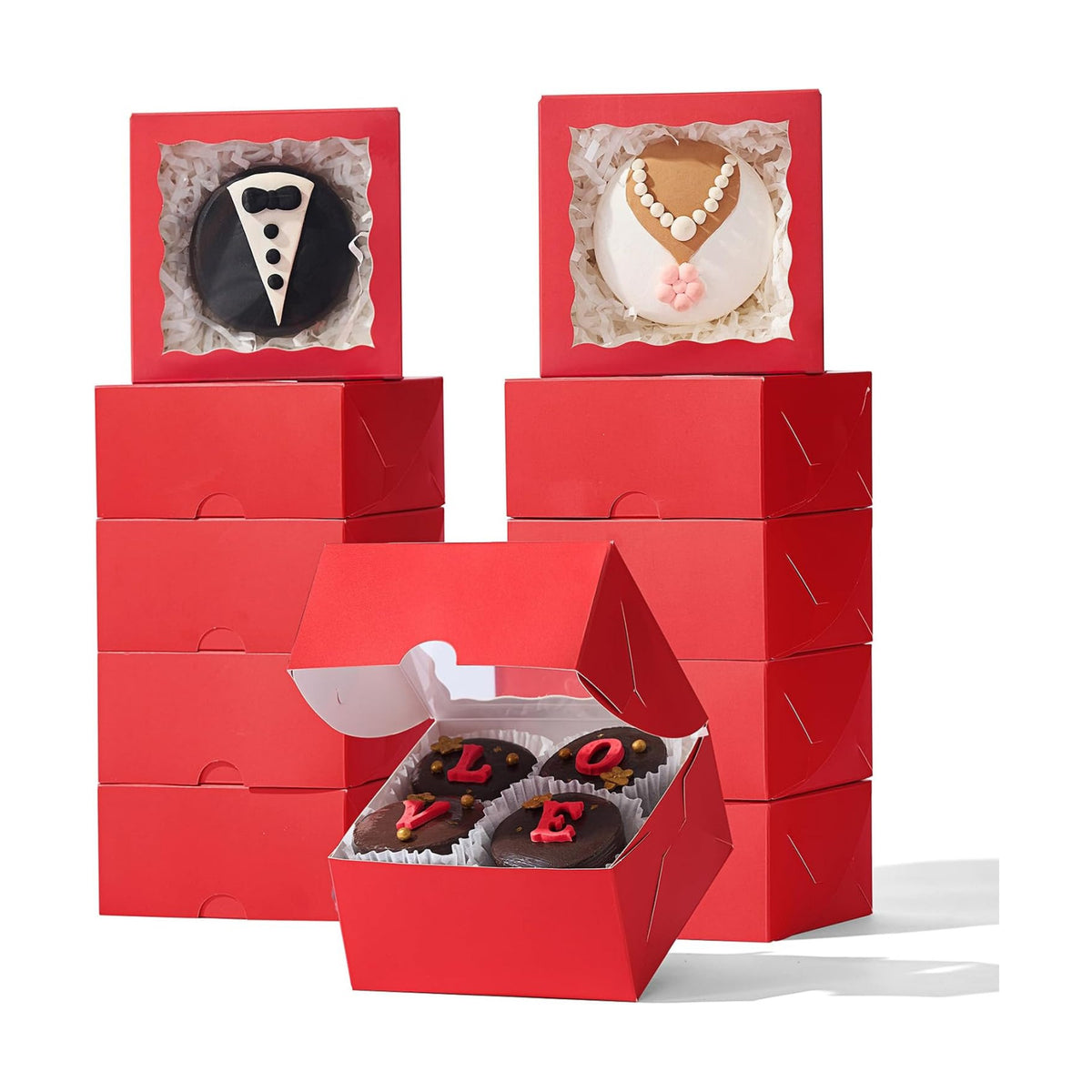 100PCS 4x4x2 inches Classic Red Bakery Boxes with Window - Macaron Cookie Chocolate Truffle Strawberry & Mini Cake Gift Boxes for Parties Valentine's Birthdays Wedding Christmas Favors