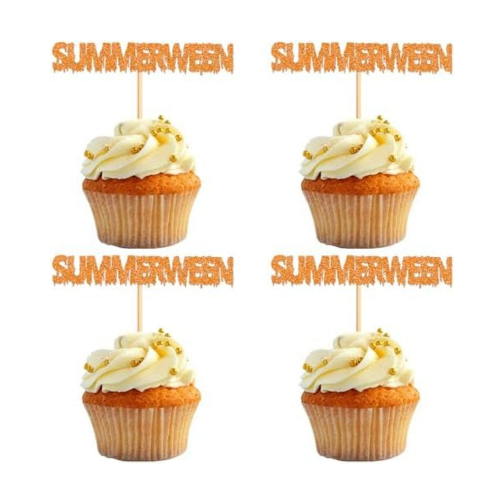 24Pcs Glitter Orange Summerween Cupcake Toppers Happy Summerween Birthday Cupcake Picks for Summer Halloween Birthday Cupcake Decorations Summer Holiday Party Decorations