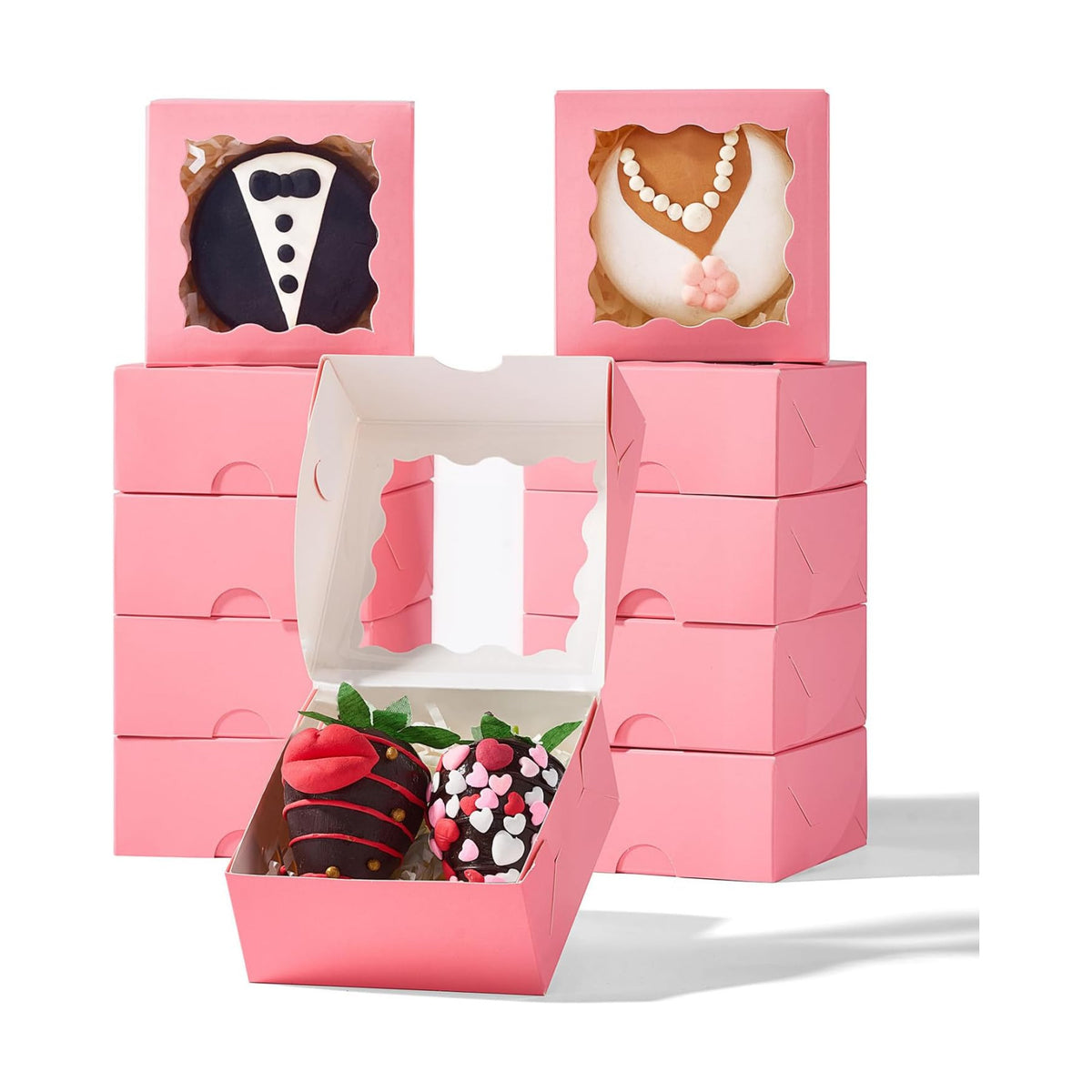3.2x3.2x1.5 Inches 50PCS Mini Bakery Boxes with Window for Cookies, Soap, Chocolate Truffle, Donut, Macaron(Pink)