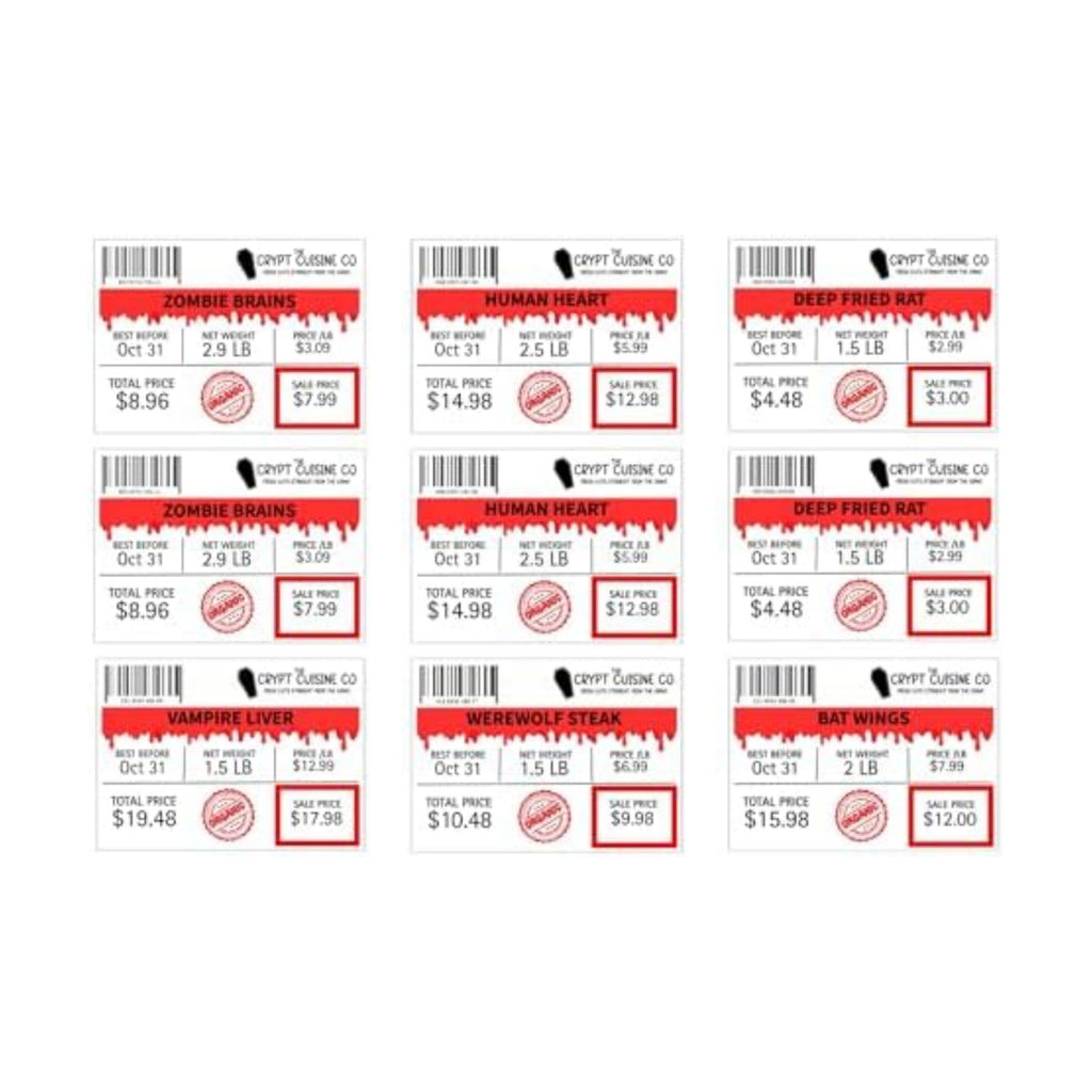 J&J's ToyScape Halloween Meat Tray Labels, 9 Piece Set, Spooky Food Theme Halloween Party Decor, Spooky Food Stickers, Glossy Water-Resistant Vinyl, 3x2 Inch