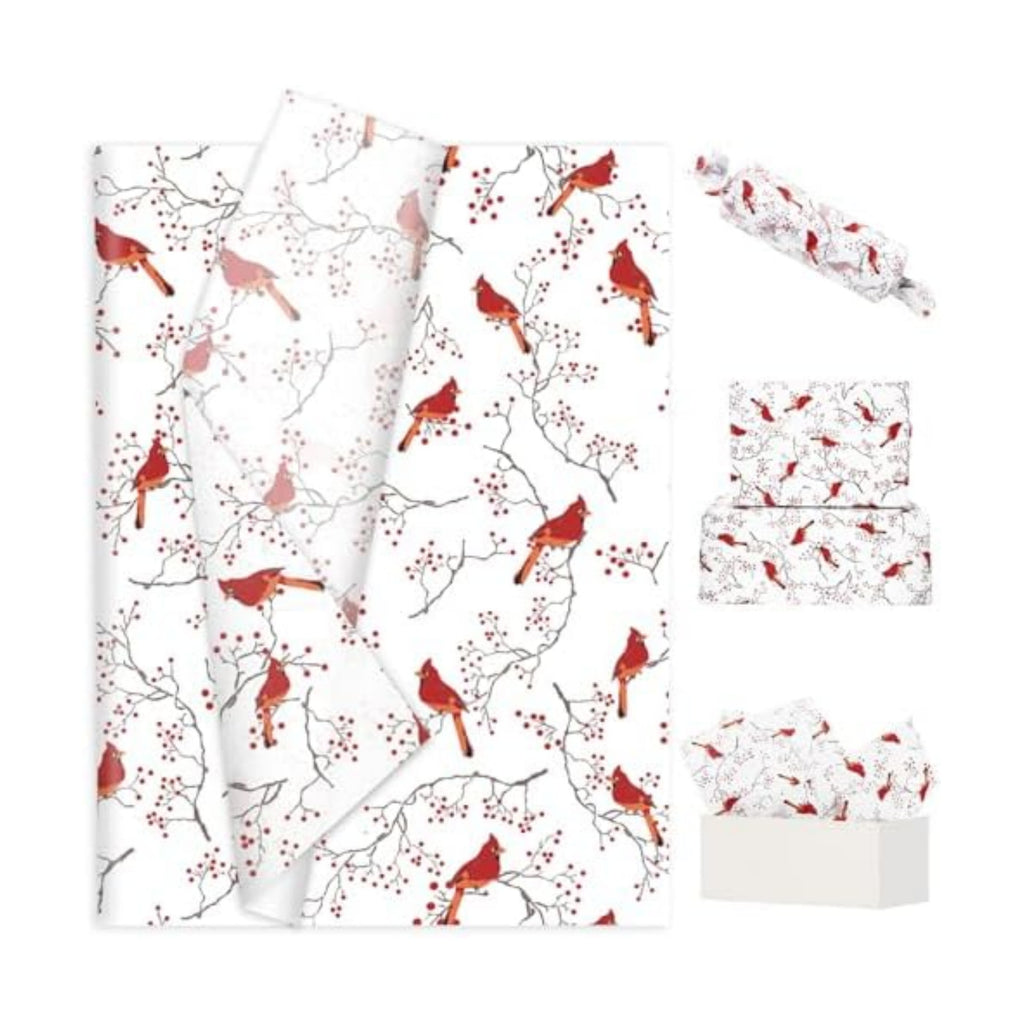 JarThenaAMCS 60 Sheets Christmas Tissue Paper Red Cardinal Bird Berry Gift Wrapping Paper Xmas DIY Art Crafts Tissue for Winter Holiday Birthday, 14 x 20 Inch