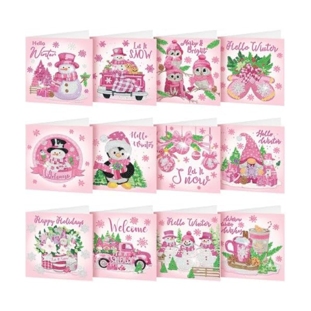 Saillong 12 Pack Pink Winter Diamond Painting Greeting Card Kits Winter Diamond Art Cards with Envelopes Snowman 5D Rhinestones Painting Making Kits for Adults DIY Craft Family Friend Holiday Gifts